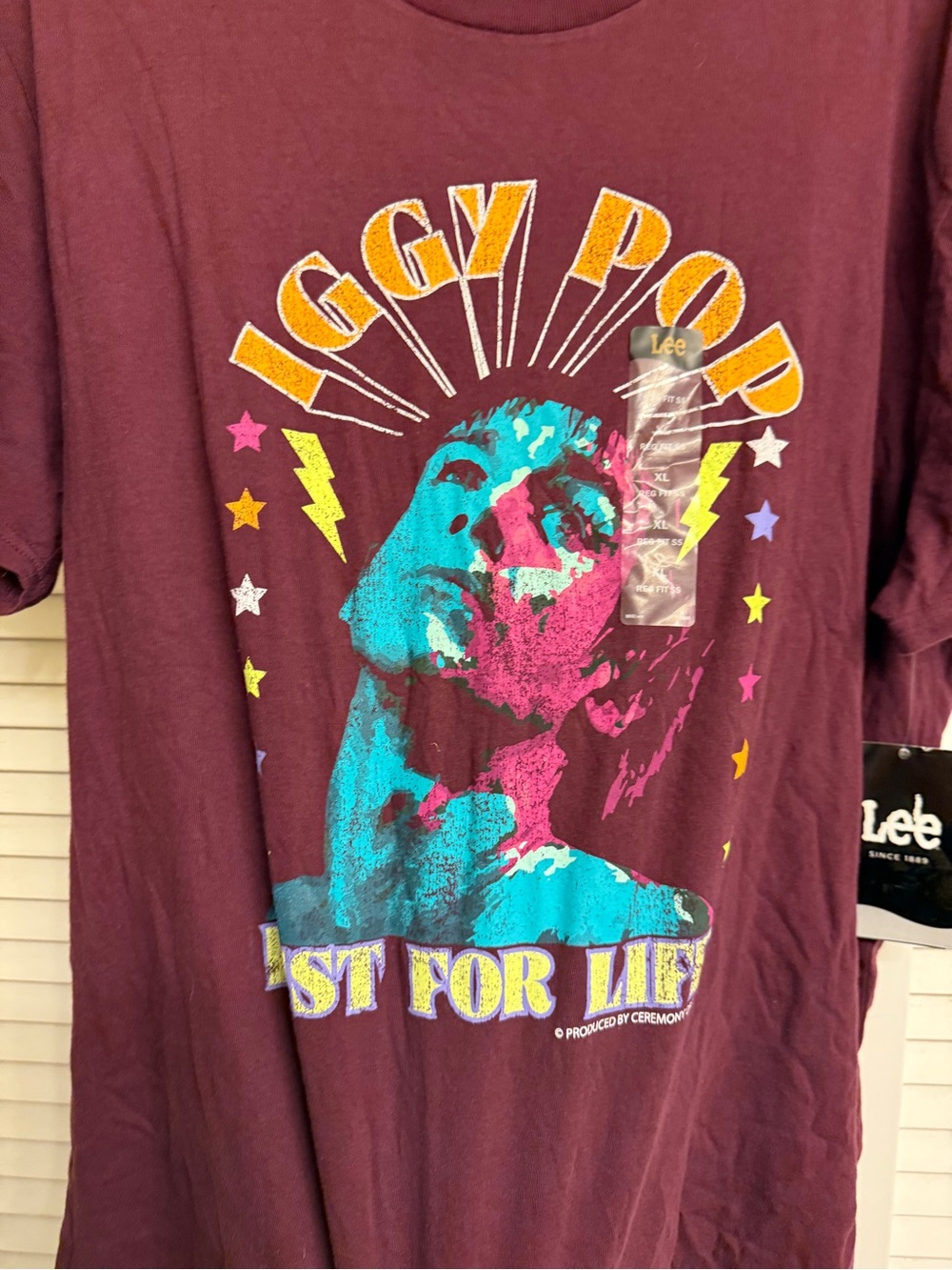 Lee Burgundy Iggy Pop Graphic Tee with Teal & Pink Print Men’s XL
